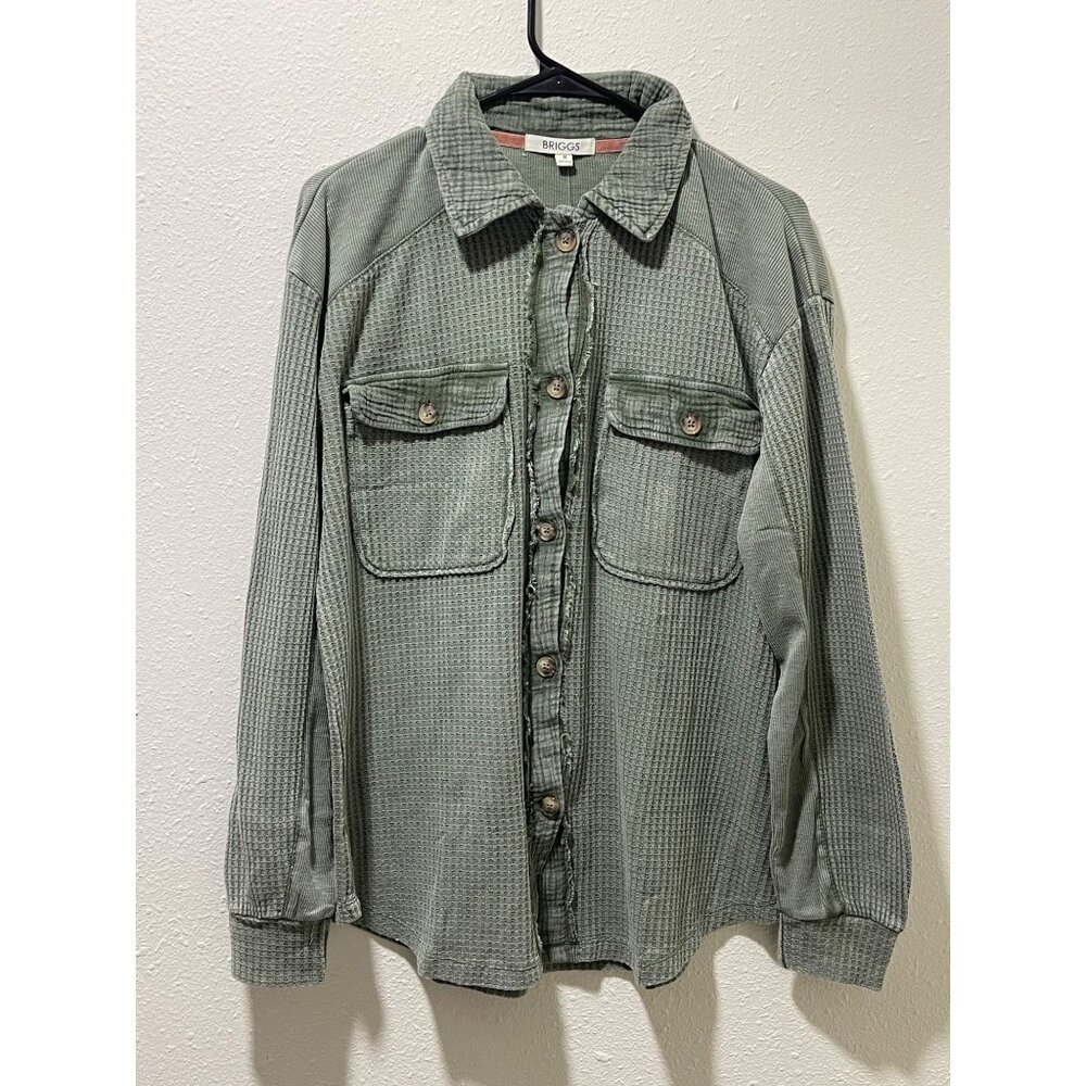 NWT Briggs Women's Relaxed Fit Button Long Sleeve Waffle Shirt Green - Picture 6 of 13